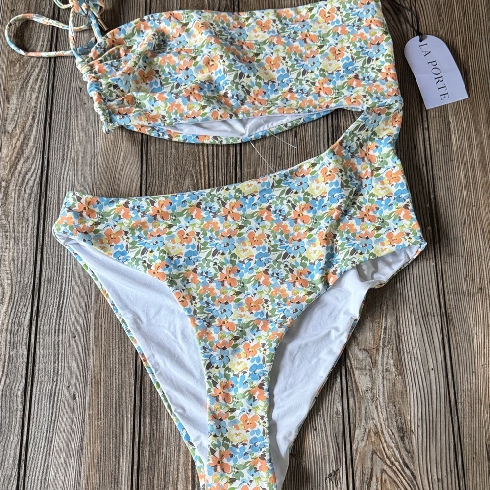La Porte swim one piece large NEW lined floral cut out stomach high thigh